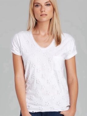 Burberry Brit White Cotton Eyelet Scoop Neck Short Sleeve Tee Shirt S